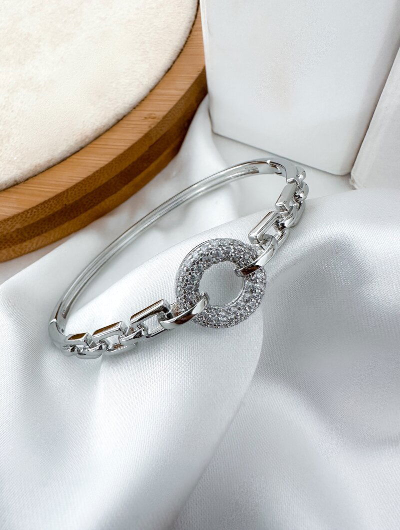 Bracelete Folheado a Ouro 18K e a Prata Corrente com Circulo Cravejado