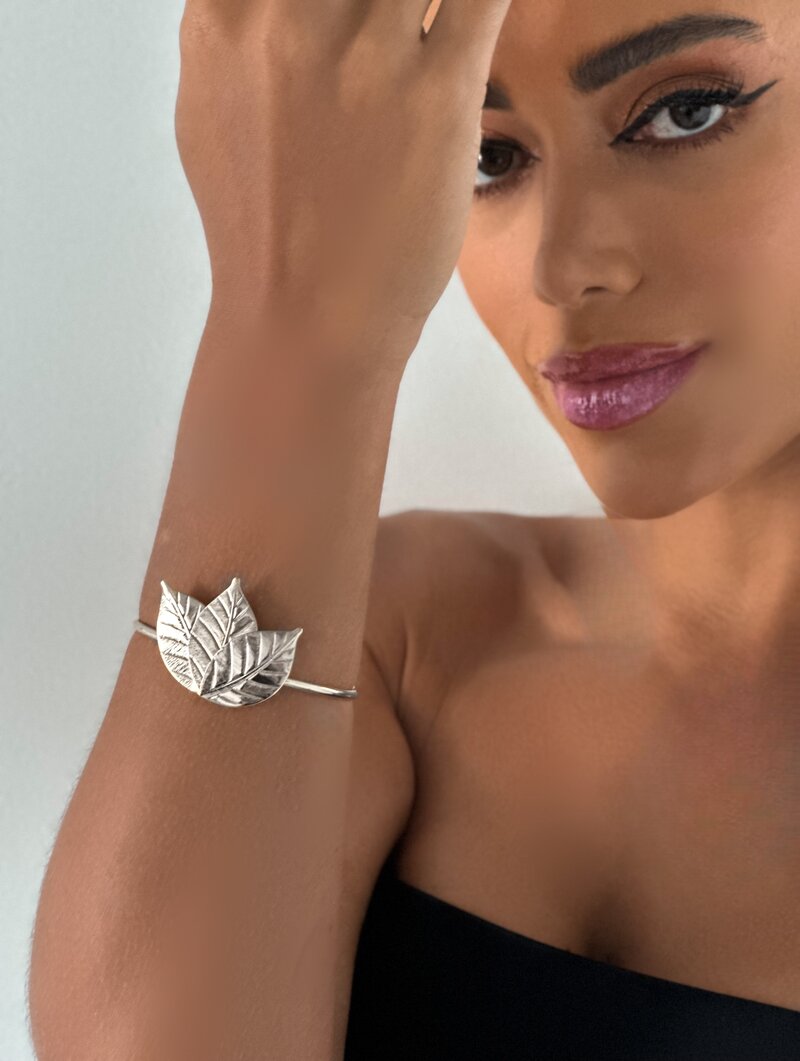 Bracelete Folheado a Ouro 18k e Prata 925 Aro Folha Texturizada