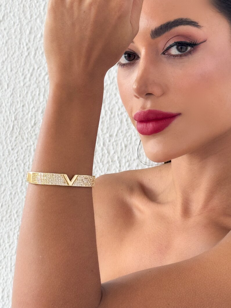 Bracelete Folheado a Ouro 18k e Prata 925 Inspriração Alta Joalheria Cravejado