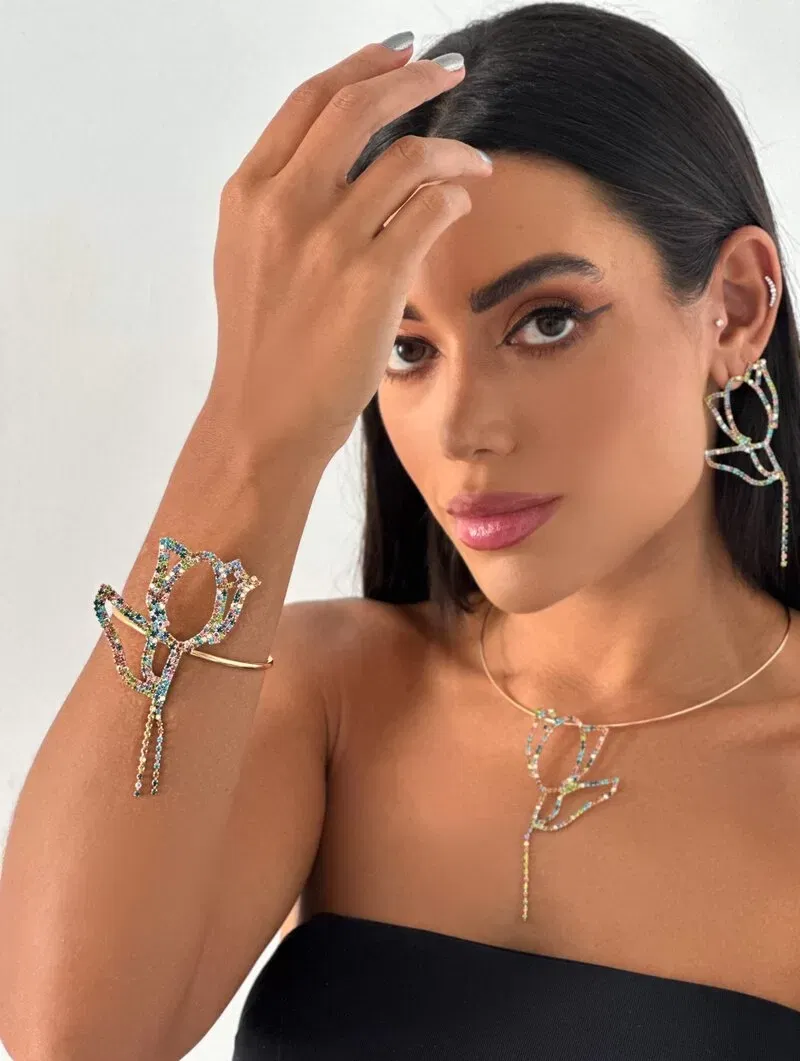 Bracelete Folheado a Ouro 18k e Prata 925 Maxi Flor Cravejada