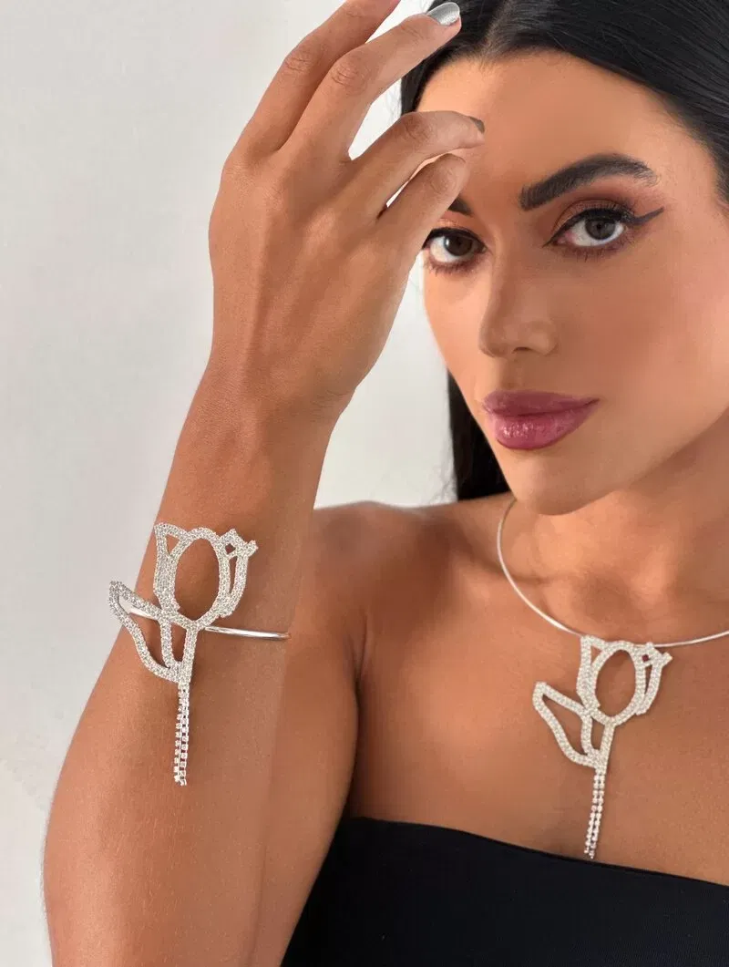 Bracelete Folheado a Ouro 18k e Prata 925 Maxi Flor Cravejada