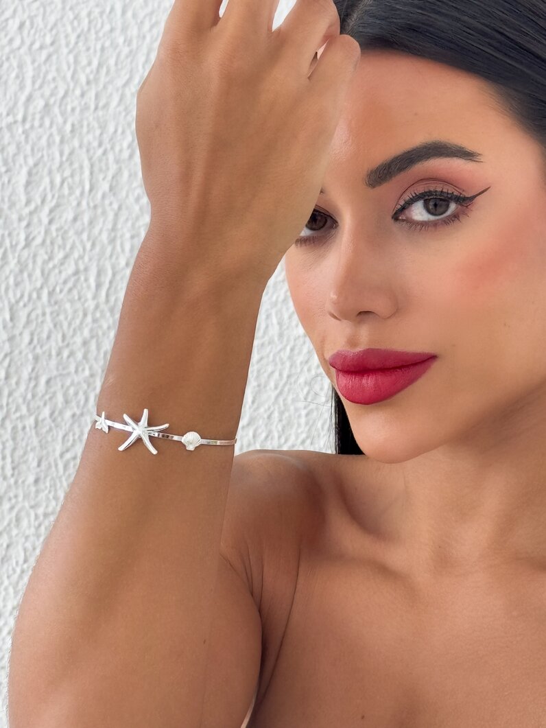 Bracelete Folheado a Ouro 18k e Prata Aro Com Estrela e Concha