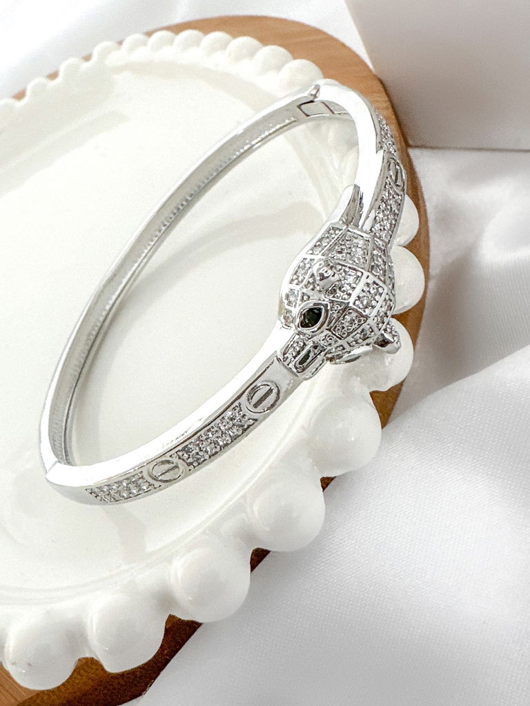 Bracelete folheado a ouro 18K e prata com pantera cravejada com micro zircônias