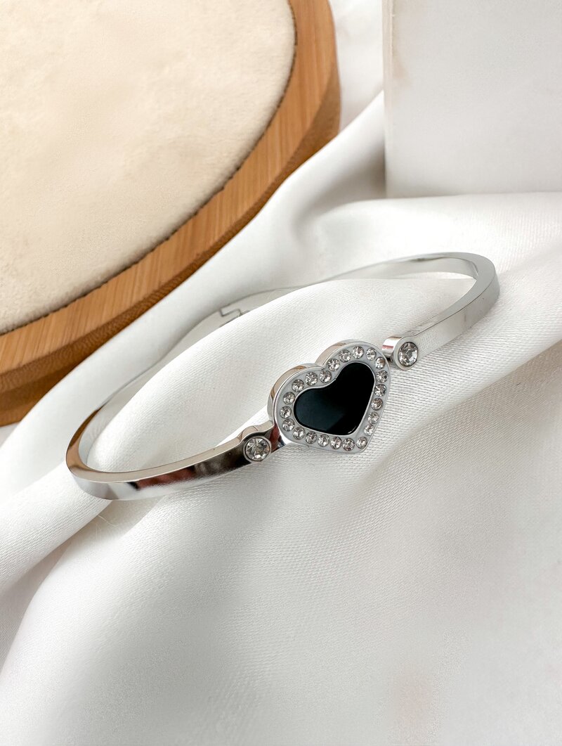 Bracelete Folheado a Ouro 18k e Prata Coração Preto Cravejado