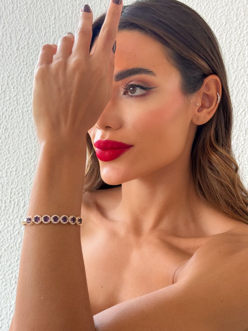 Bracelete Folheado a Ouro 18k e Prata Cristais Coloridos Cravejados