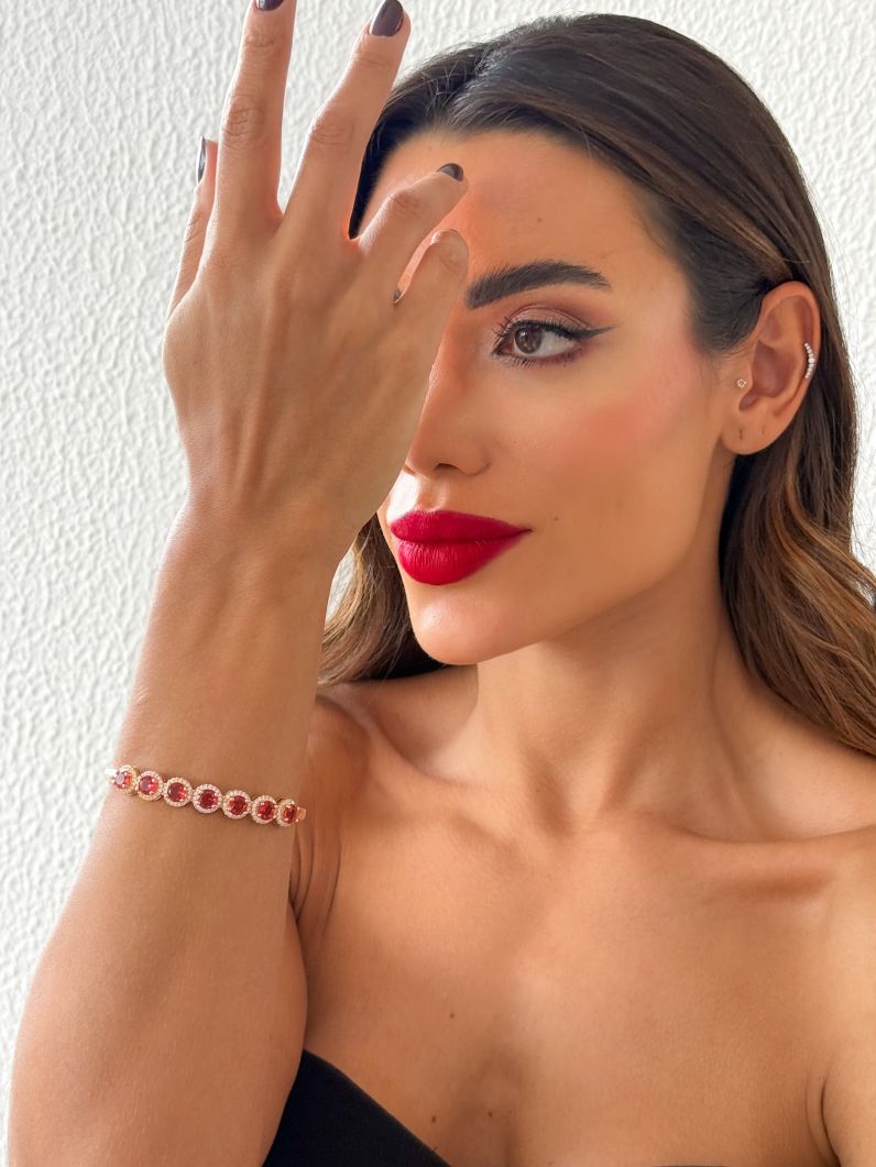 Bracelete Folheado a Ouro 18k e Prata Cristais Coloridos Cravejados