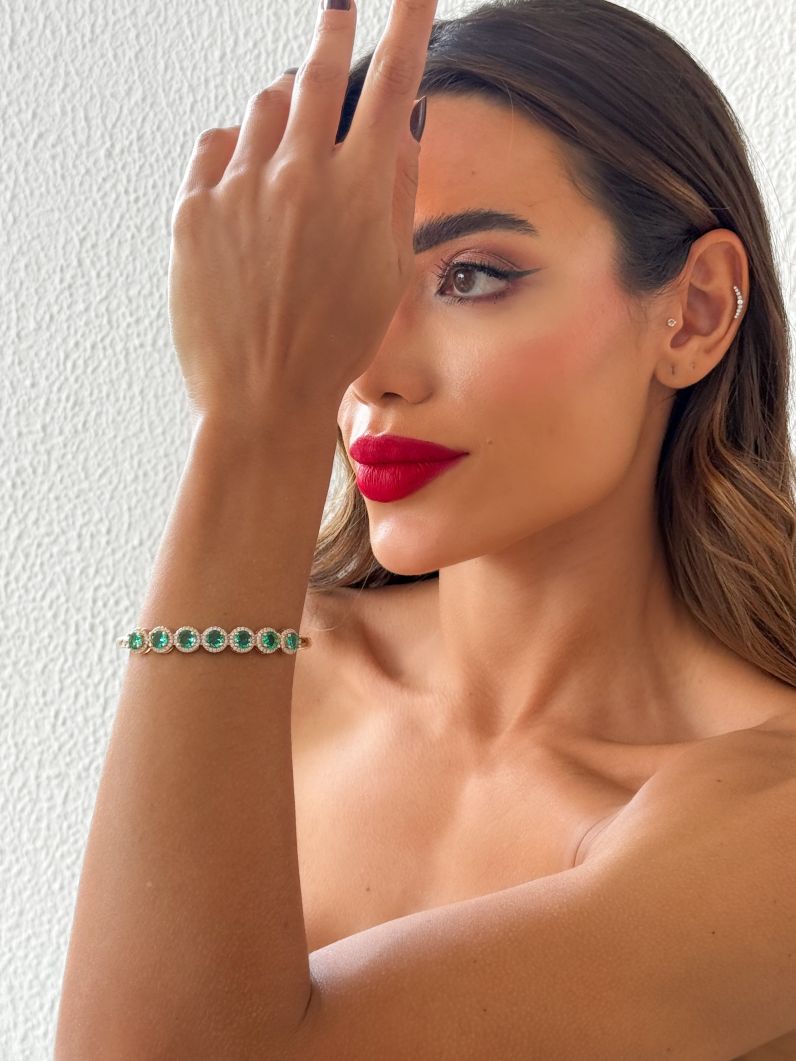 Bracelete Folheado a Ouro 18k e Prata Cristais Coloridos Cravejados