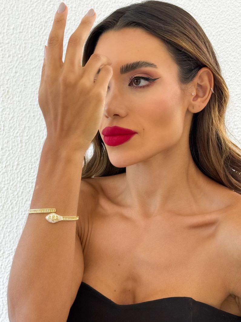 Bracelete Folheado a Ouro 18k e Prata Design Serpente Com Navetes Cravejada