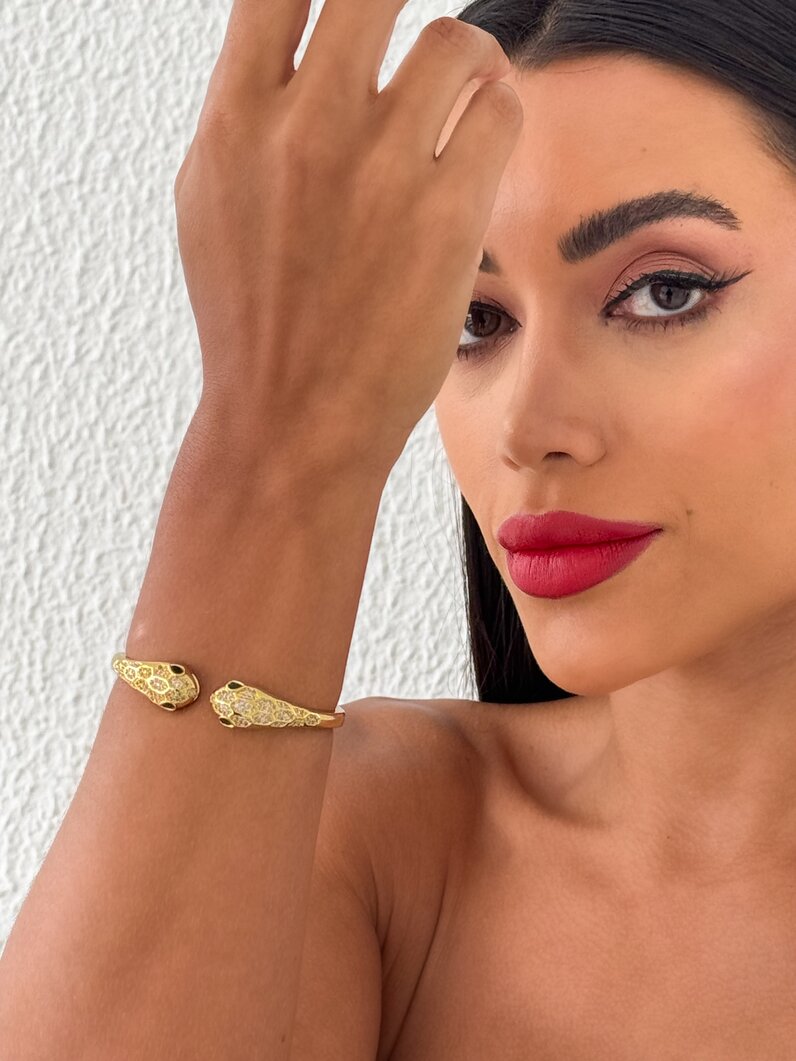Bracelete Folheado a Ouro 18k e Prata Design Serpente Com Zircônia