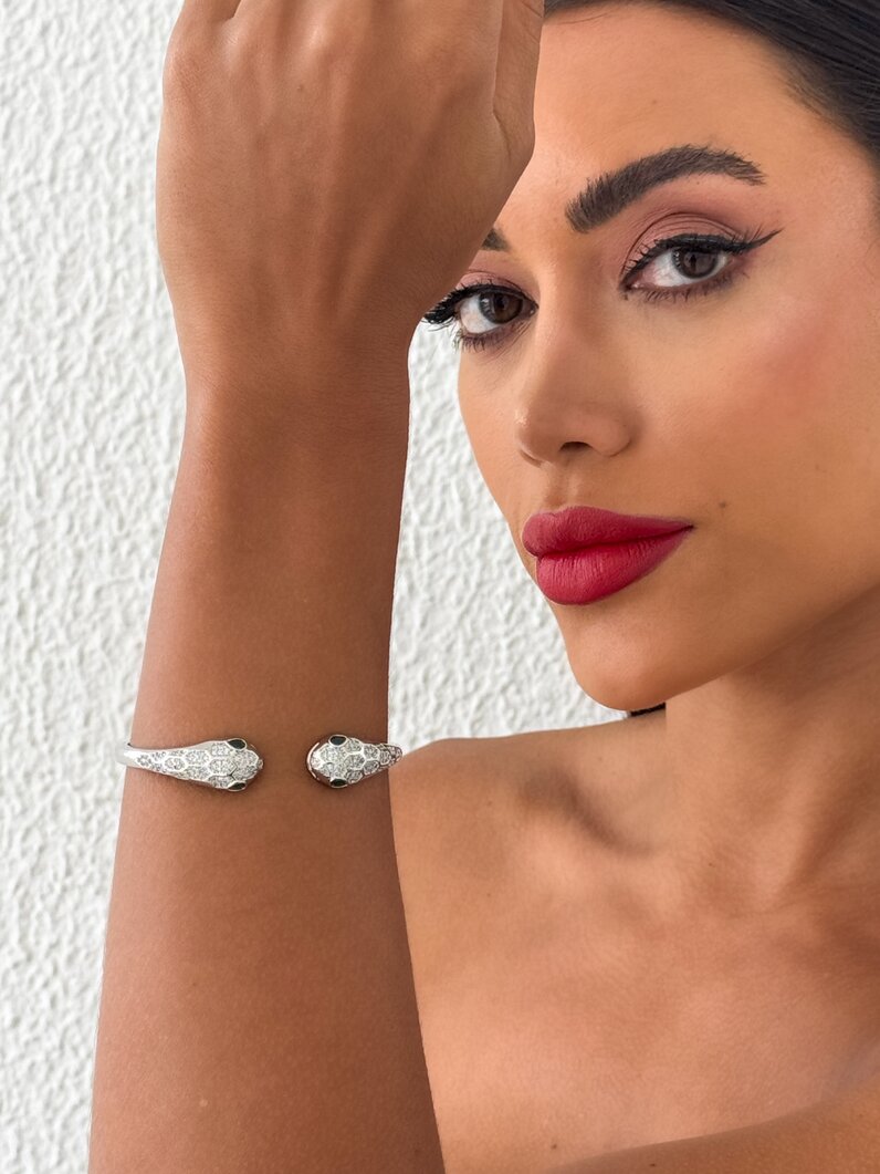 Bracelete Folheado a Ouro 18k e Prata Design Serpente Com Zircônia