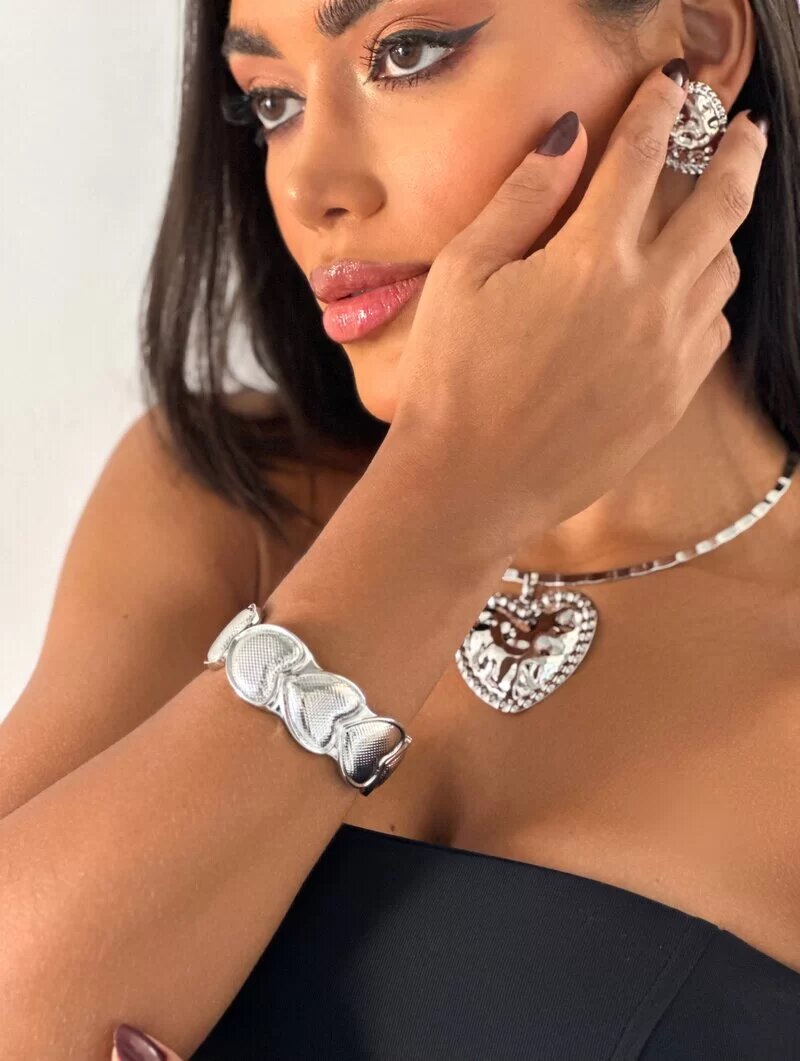 Bracelete Folheado a Ouro 18k e Prata Maxi Corações Texturizados