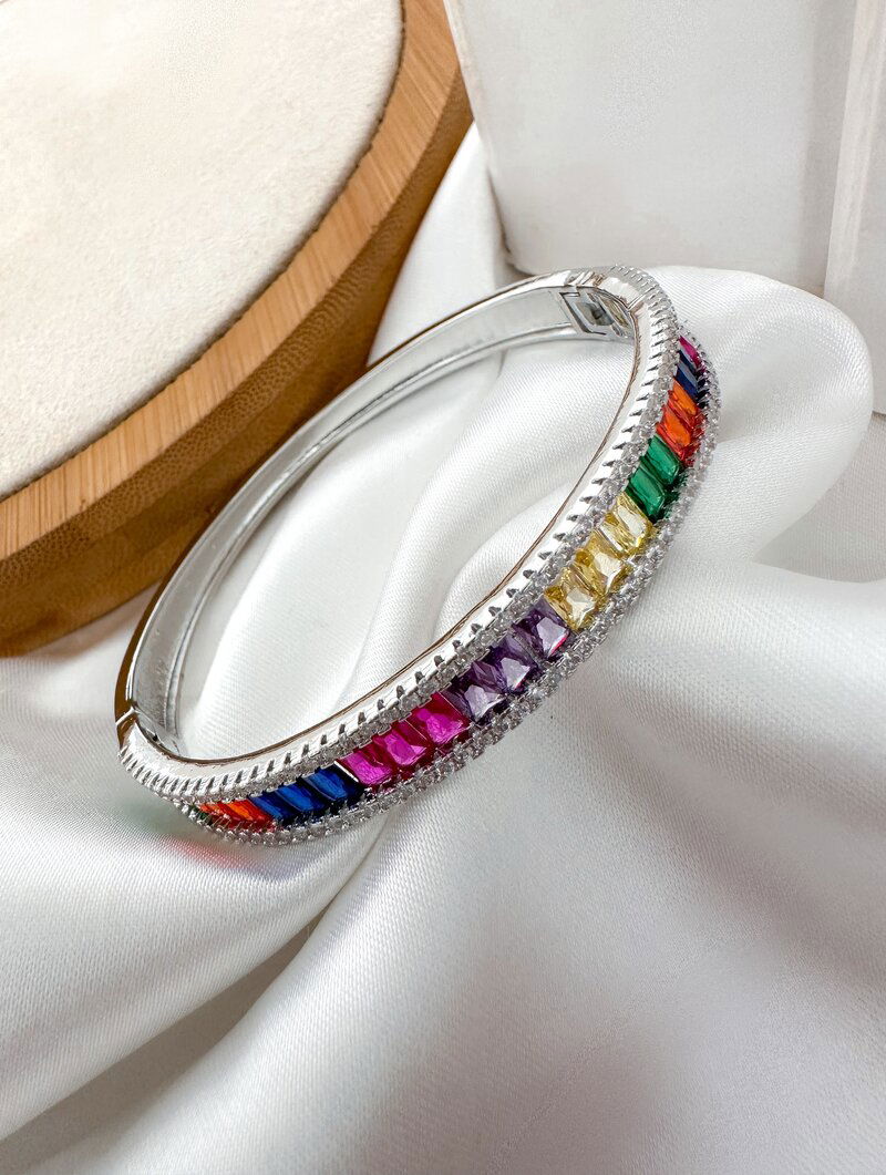 Bracelete Folheado a Ouro 18k e Prata Navetes com Borda Cravejada