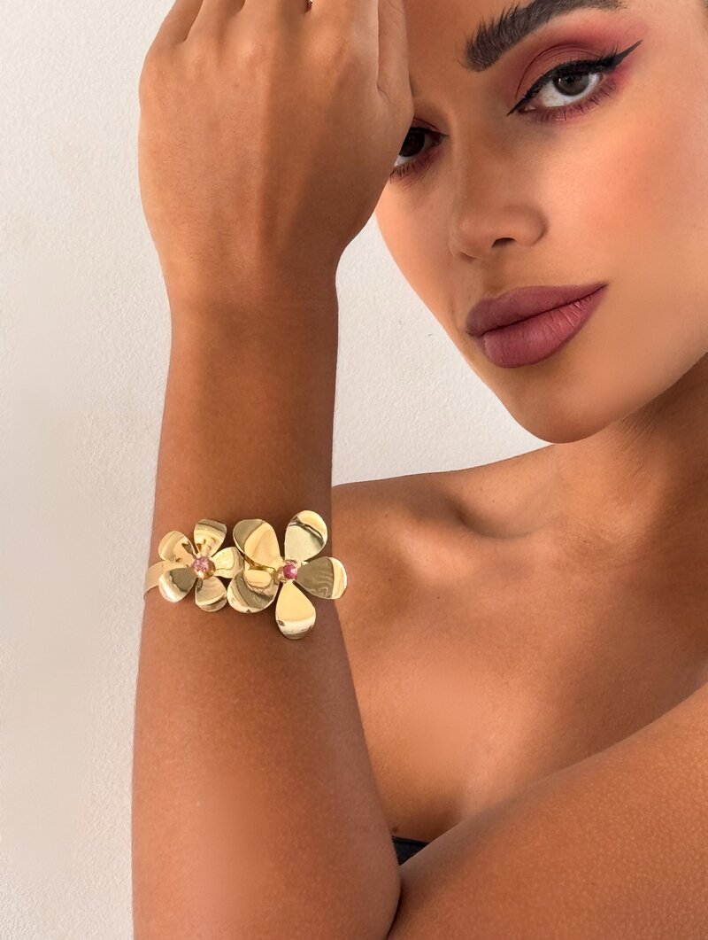 Bracelete Folheado a Ouro 18k Flor Dupla com Zircônia