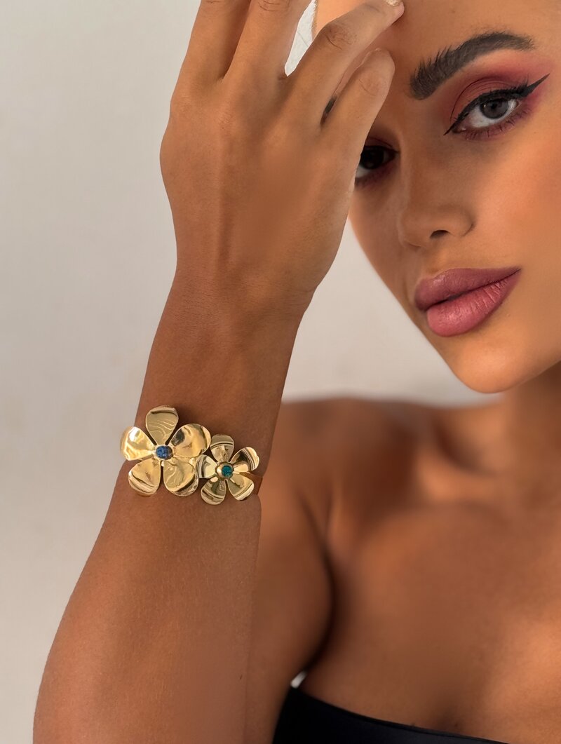Bracelete Folheado a Ouro 18k Flor Dupla com Zircônia