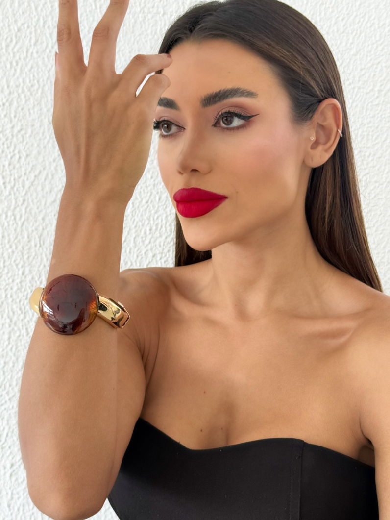 Bracelete Folheado a Ouro 18k Ondulado Com Círculo Resinado