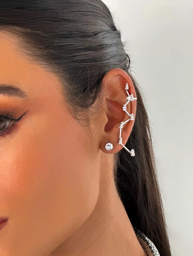 Brinco e Ear Cuff Folheados a Ouro 18k e Prata Navetes de Zircônia e Ponto de Luz