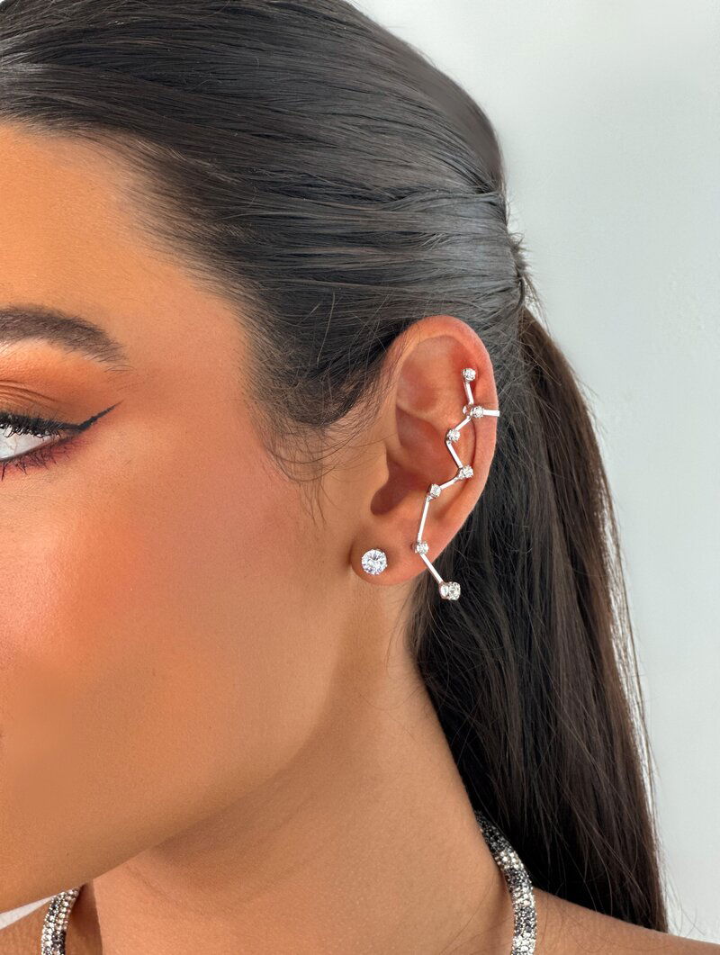 Brinco e Ear Cuff Folheados a Ouro 18k e Prata Pontos de Luz
