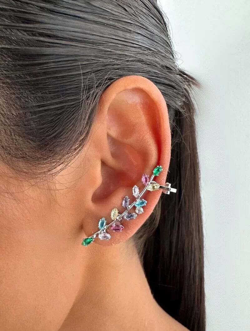 Brinco Ear Cuff Folheado a Ouro 18k e Prata Design Folhas de Zircônias