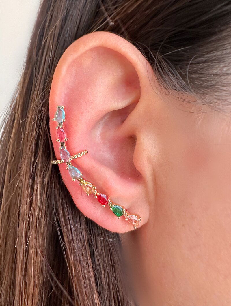 Brinco Ear Cuff Folheado a Ouro 18k e Prata Gotas de Zircônia