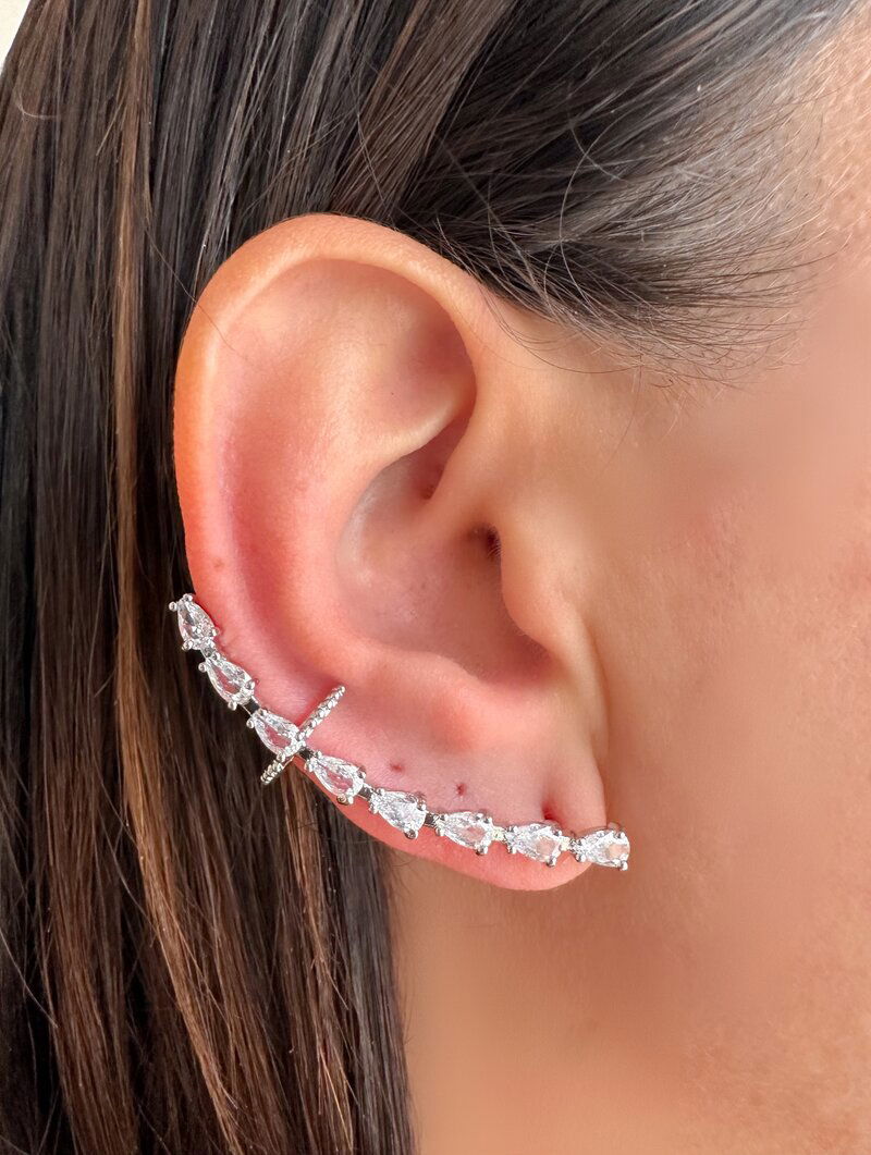 Brinco Ear Cuff Folheado a Ouro 18k e Prata Gotas de Zircônia