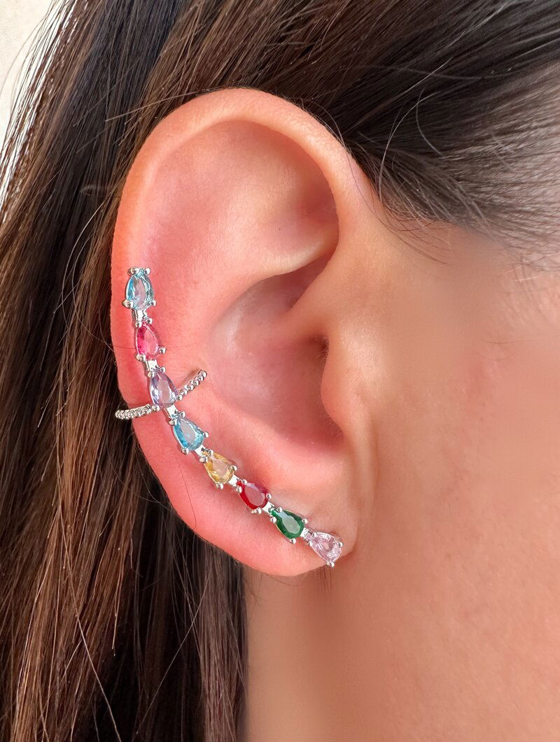 Brinco Ear Cuff Folheado a Ouro 18k e Prata Gotas de Zircônia