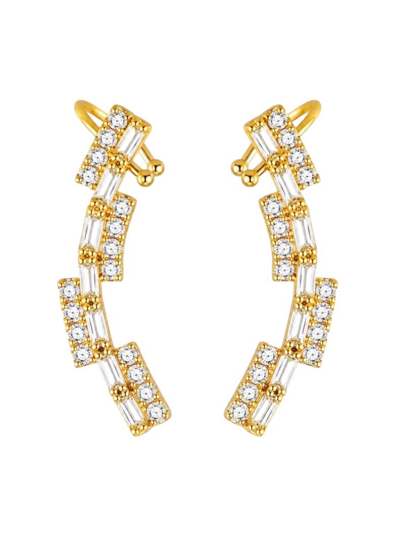 Brinco EarCuff Folheado a Ouro 18k e Prata Navetes e Cristais