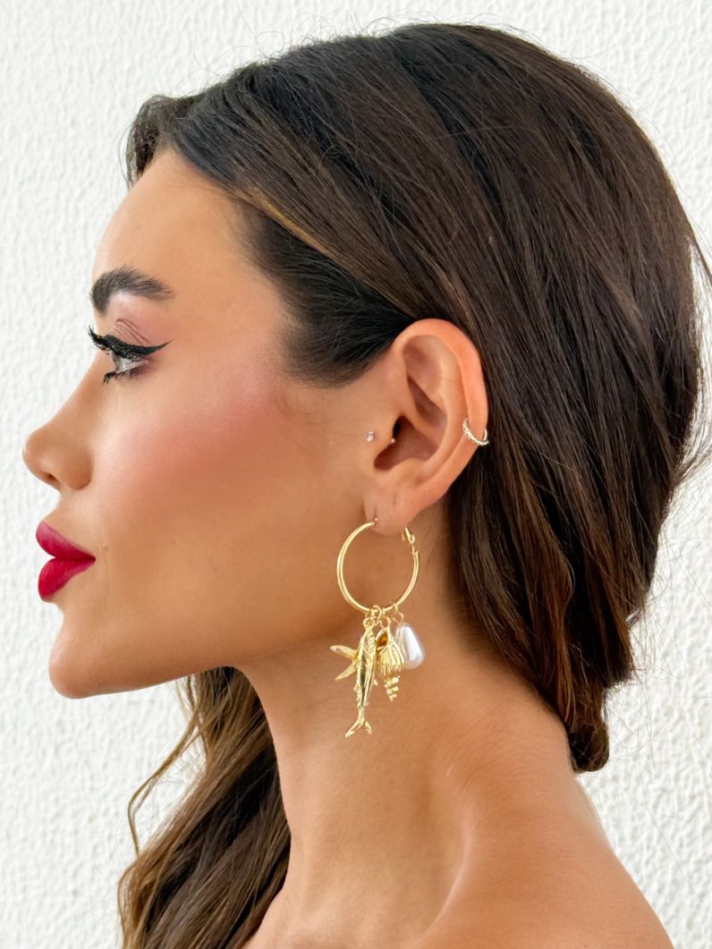 Brinco Folheado a Ouro 18k Argola Com Design Fundo do Mar