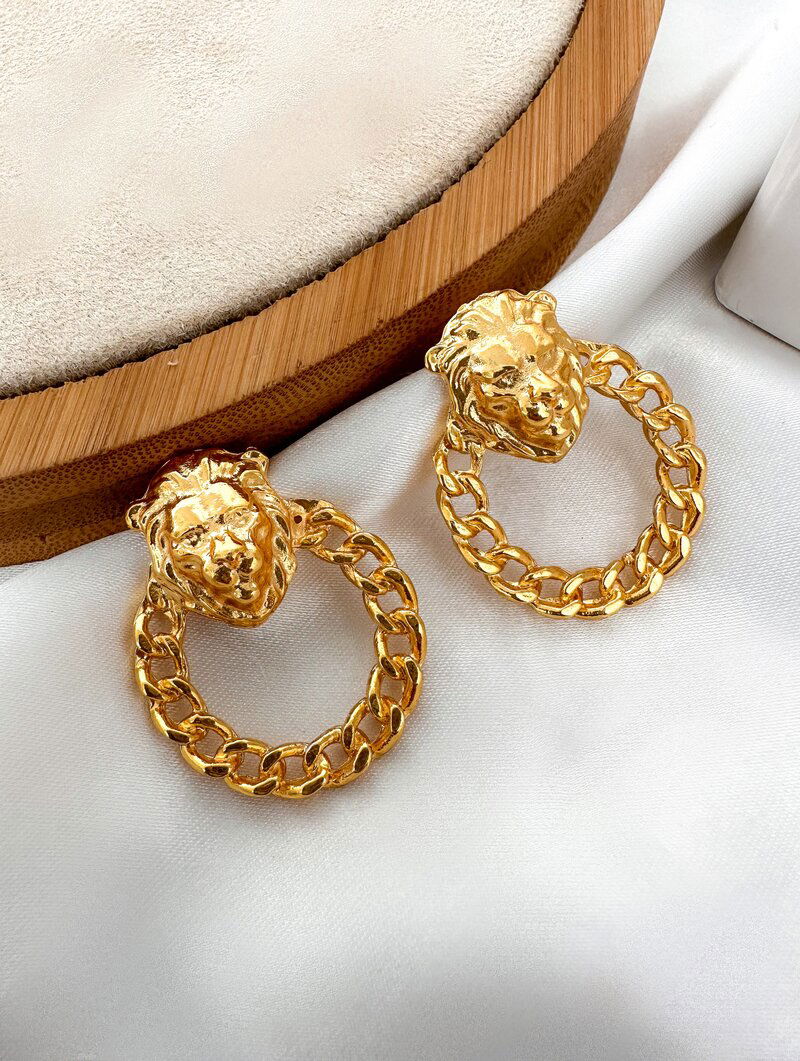 Brinco Folheado a Ouro 18k Argola de Corrente com Leão