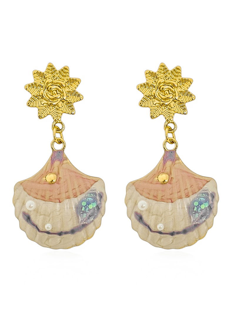 Brinco Folheado a Ouro 18k Concha Resinada Com Ponteira de Flor