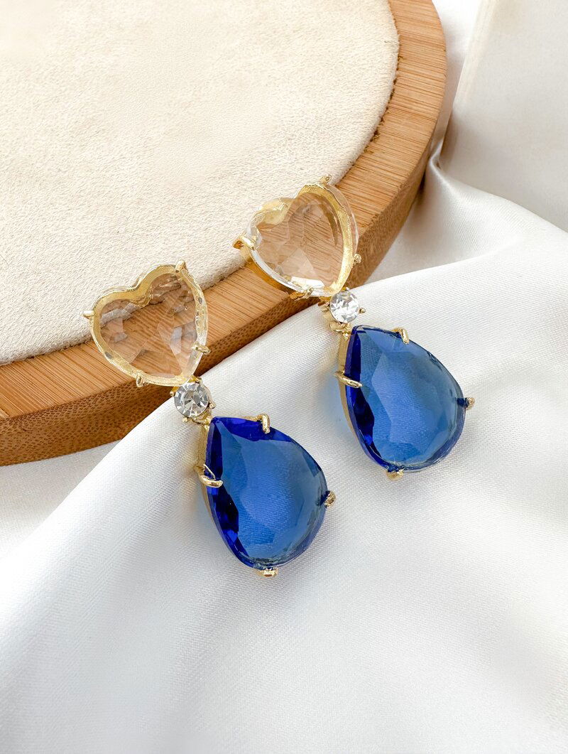 brinco folheado a ouro 18k coração e gota de zircônia