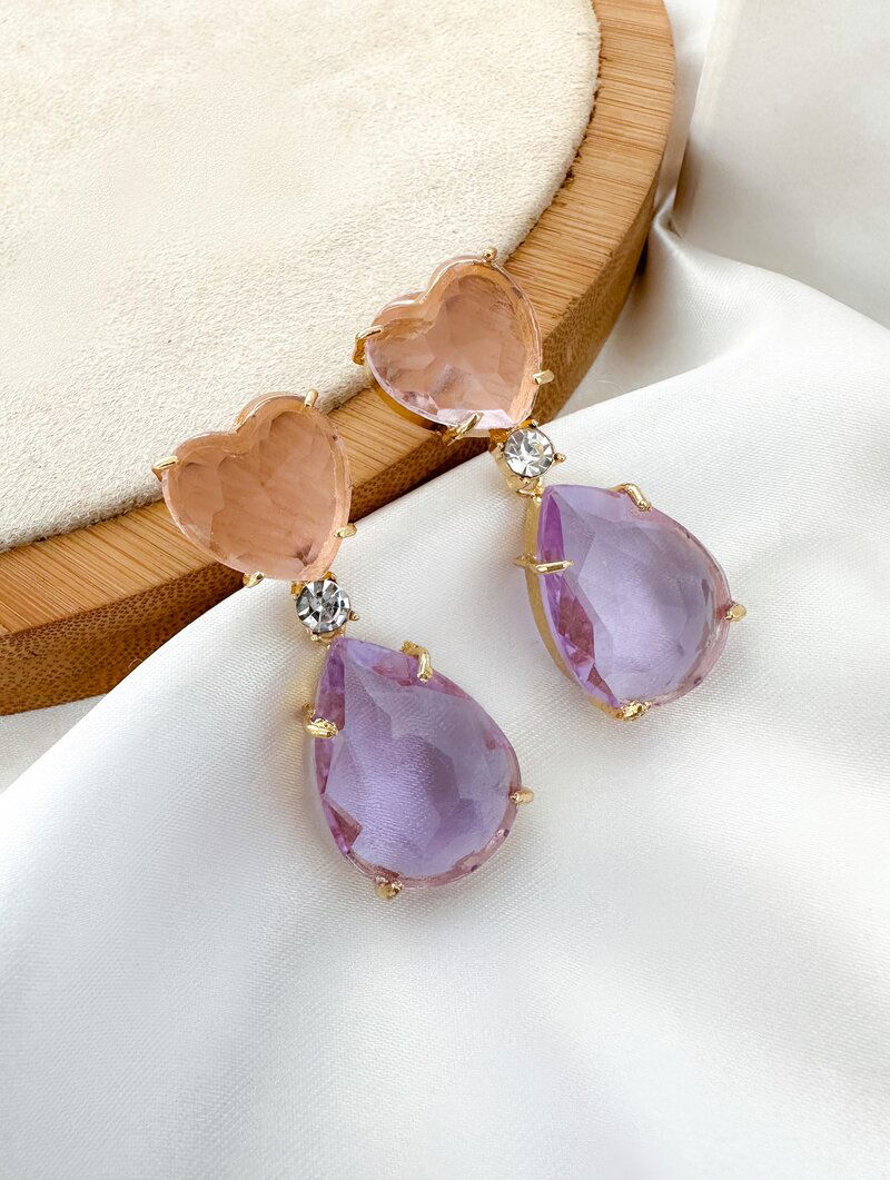 brinco folheado a ouro 18k coração e gota de zircônia