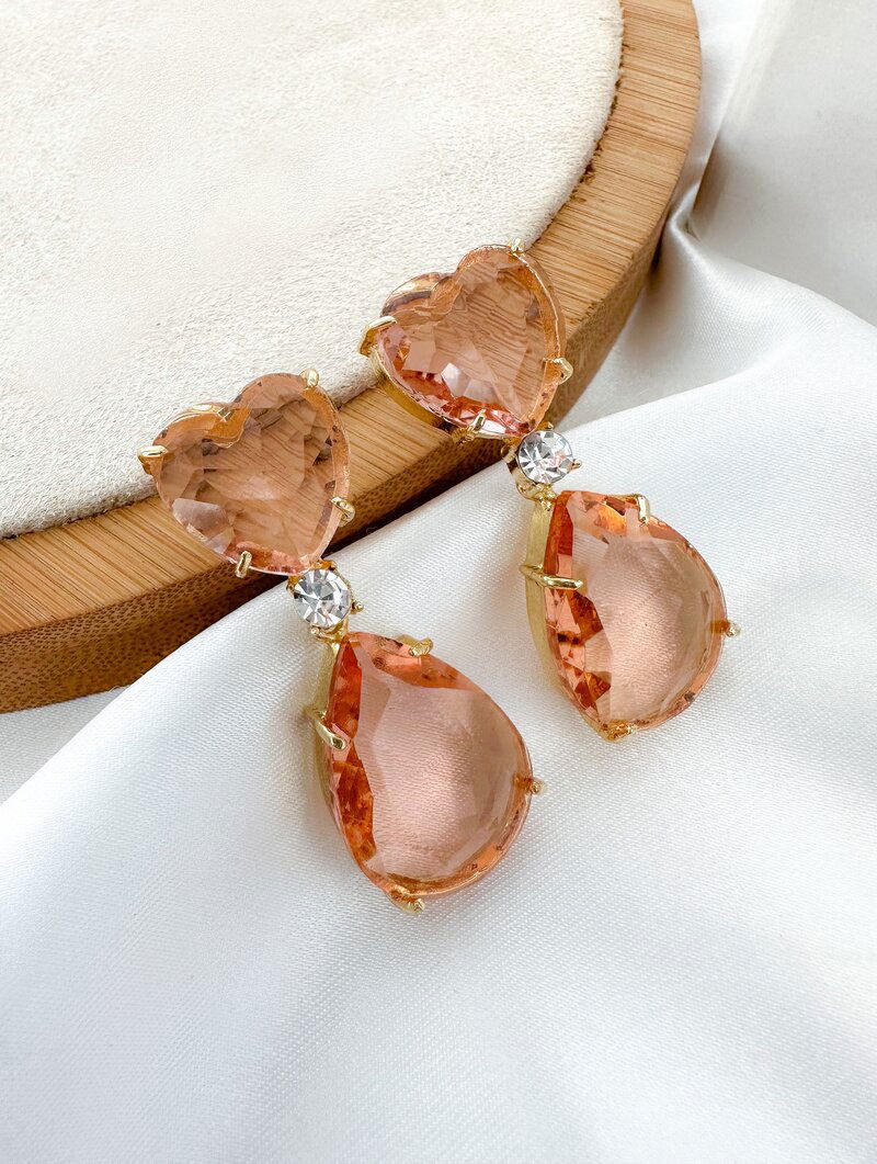 brinco folheado a ouro 18k coração e gota de zircônia