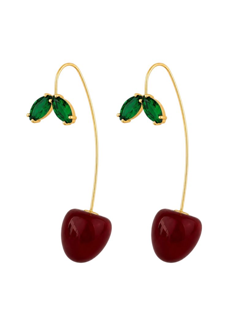 Brinco Folheado a Ouro 18k Design Cereja Com Cristal Verde