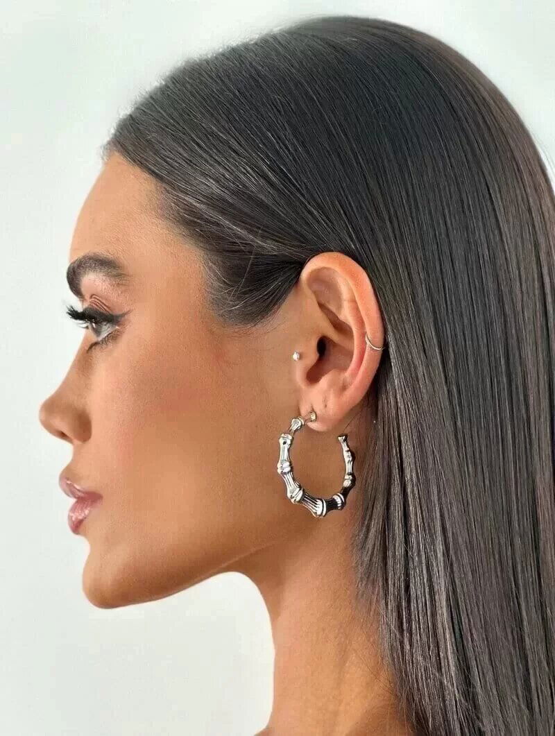 Brinco Folheado a Ouro 18K e a Prata Argola Design Bambu