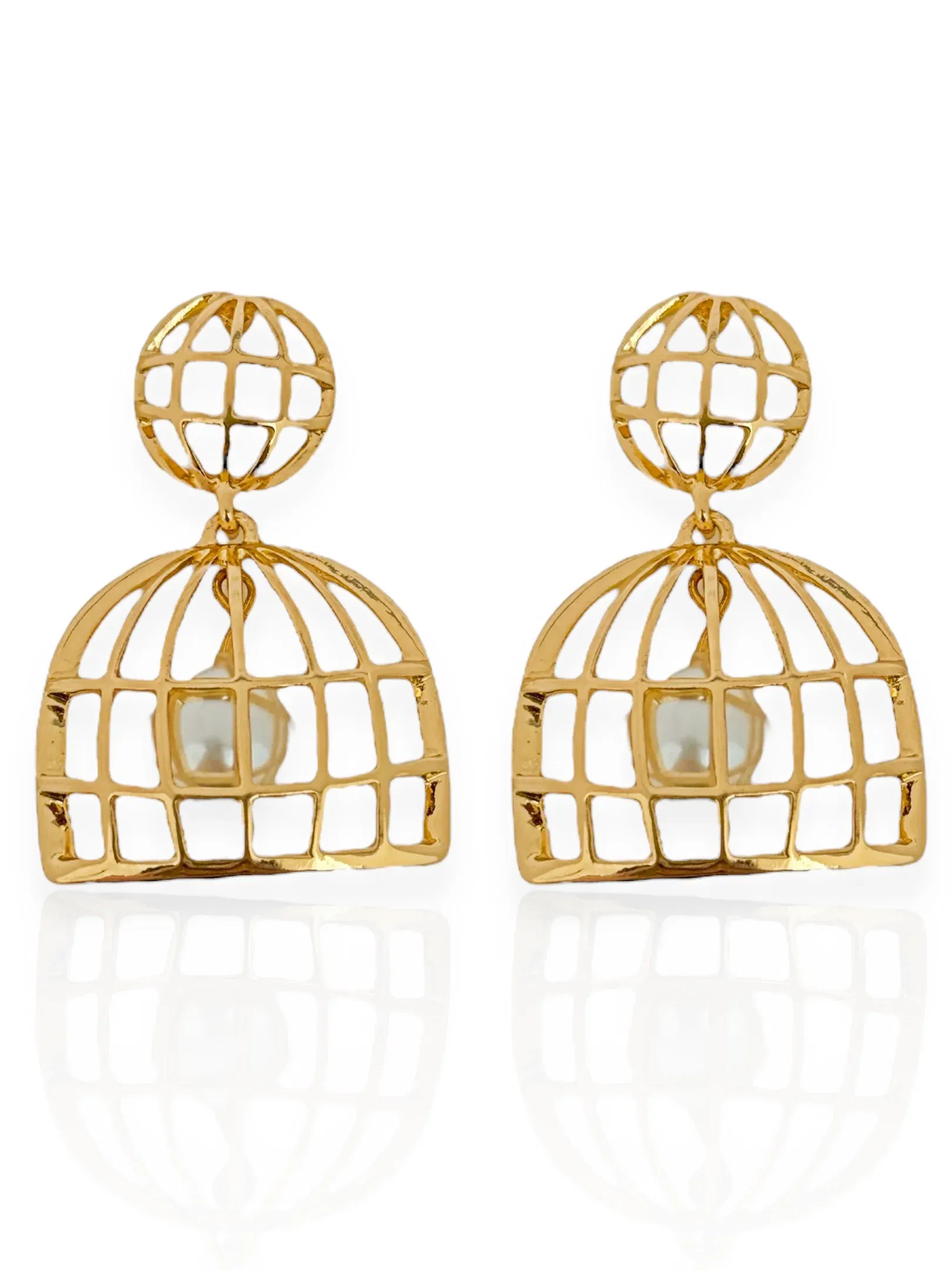 Brinco Folheado a Ouro 18k e Prata 925 Design Gaiola Com Pérola