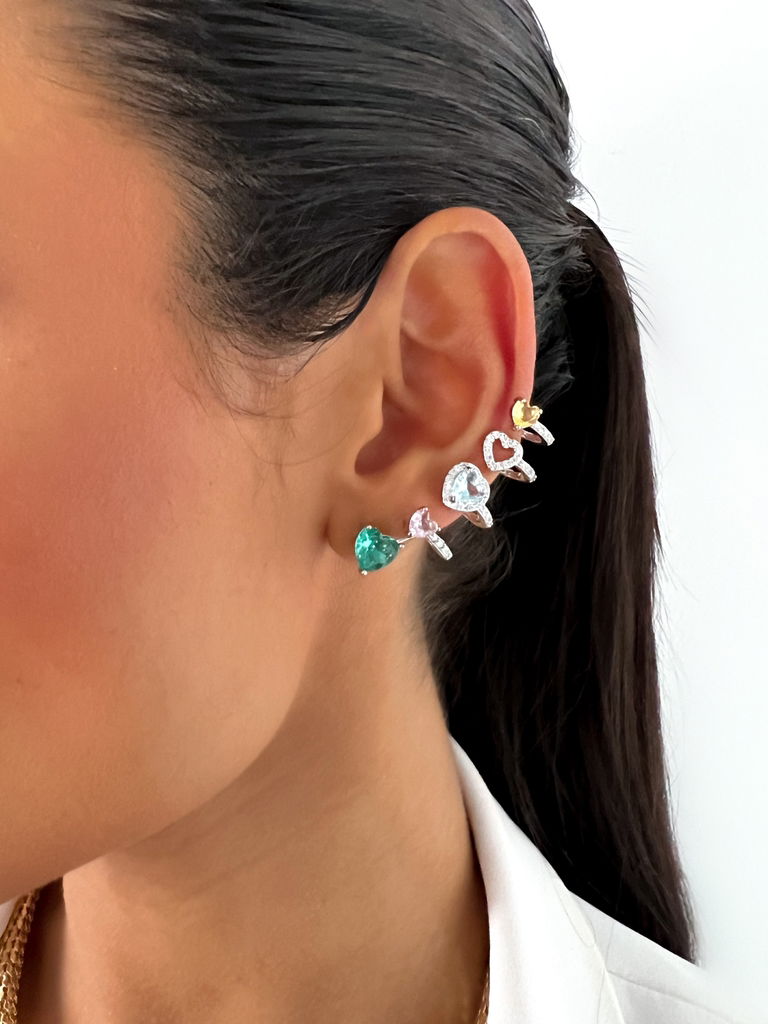 brinco folheado a ouro 18k e prata 925 ear kuff corações de zircônias