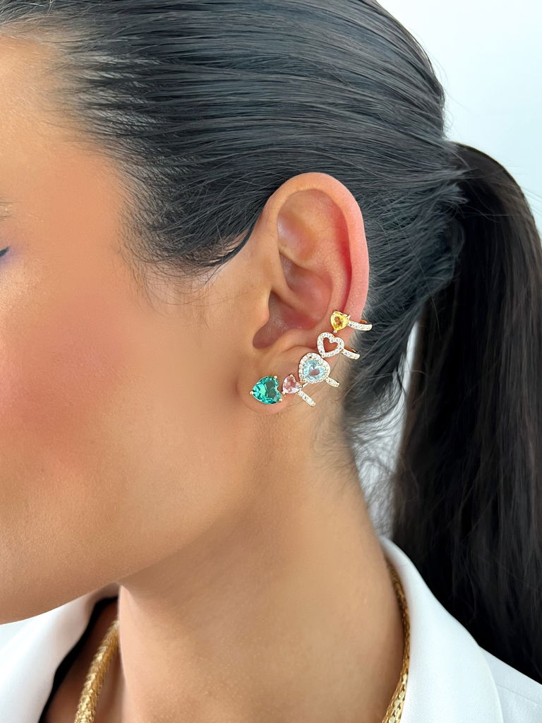 brinco folheado a ouro 18k e prata 925 ear kuff corações de zircônias