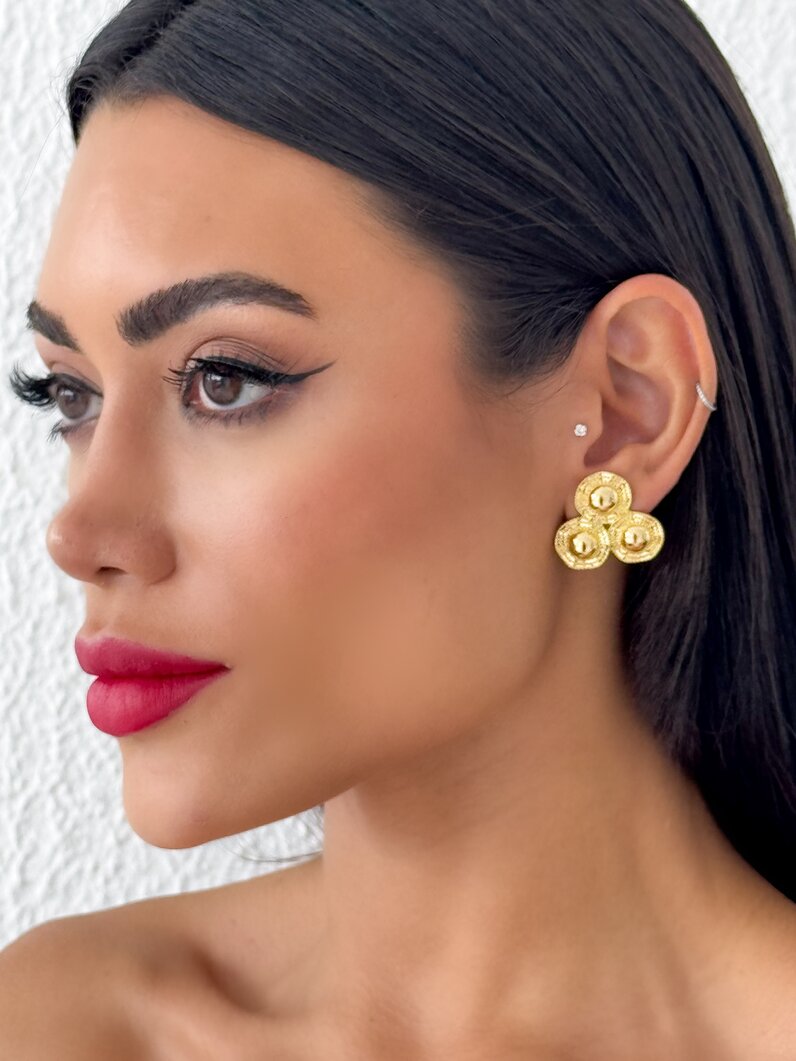 Brinco Folheado a Ouro 18k e Prata 925 Esfera Tripla com Borada Trabalhada