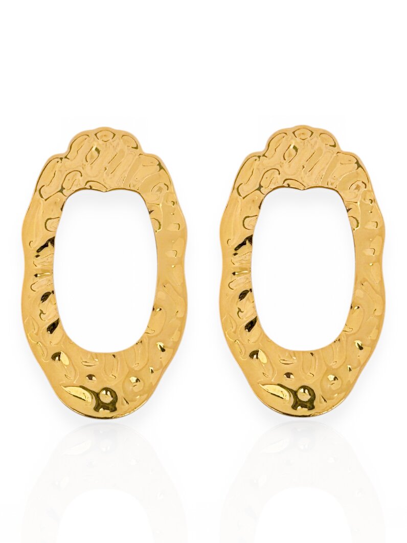 Brinco Folheado a Ouro 18K e Prata 925 Formato Oval Martelado