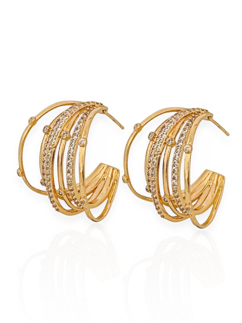Brinco Folheado a Ouro 18k e Prata Argola Com Fios Lisos e Cravejados