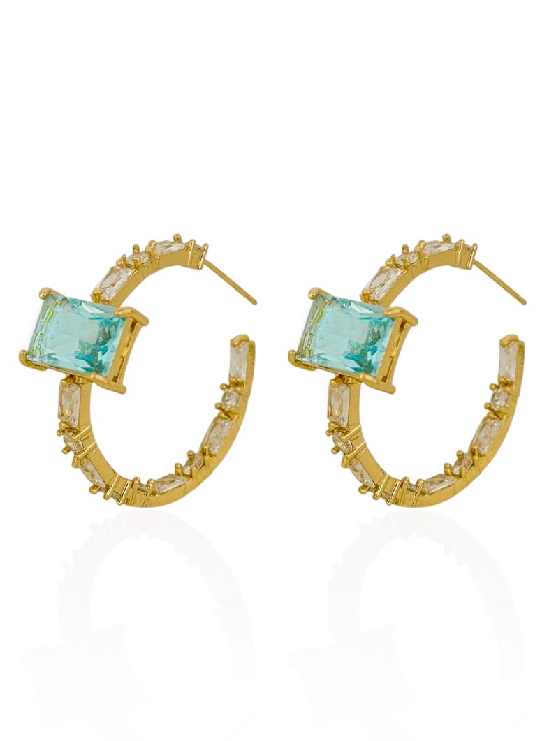 Brinco Folheado a Ouro 18k e Prata Argola Com Quadrado de Cristal