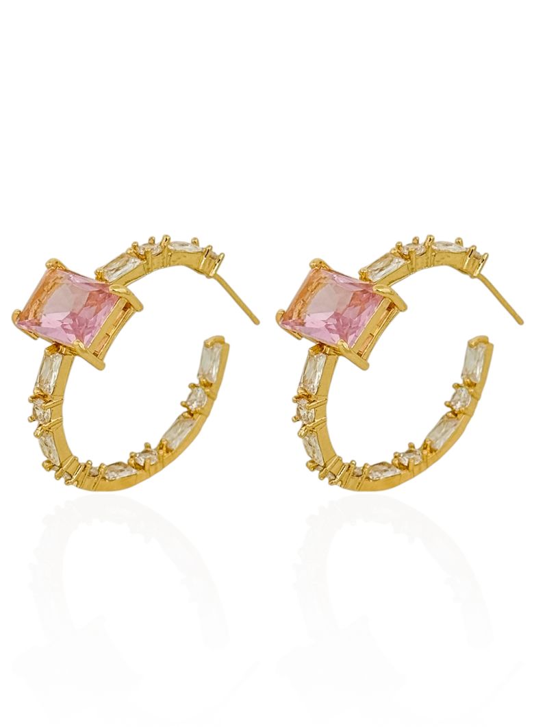 Brinco Folheado a Ouro 18k e Prata Argola Com Quadrado de Cristal