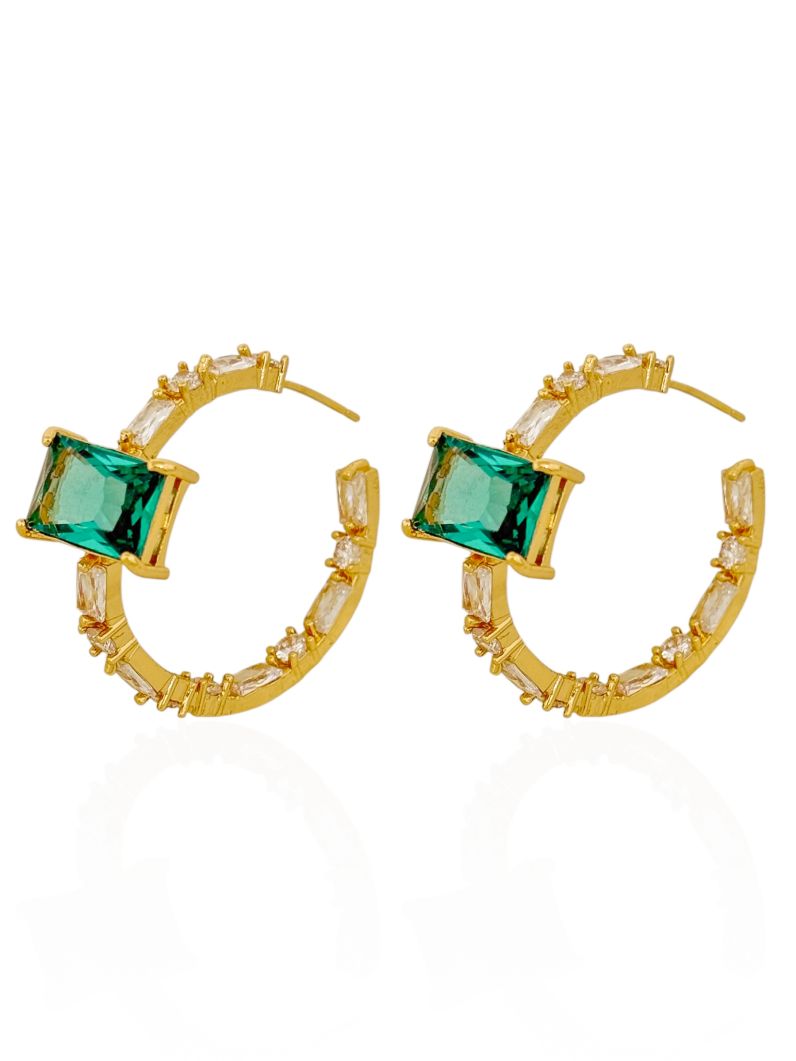 Brinco Folheado a Ouro 18k e Prata Argola Com Quadrado de Cristal