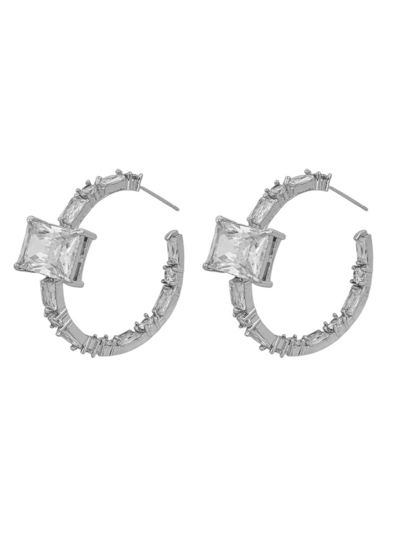 Brinco Folheado a Ouro 18k e Prata Argola Com Quadrado de Cristal