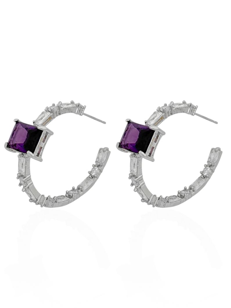 Brinco Folheado a Ouro 18k e Prata Argola Com Quadrado de Cristal