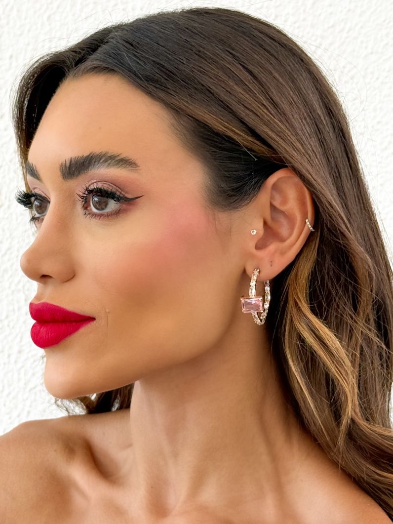Brinco Folheado a Ouro 18k e Prata Argola Com Quadrado de Cristal