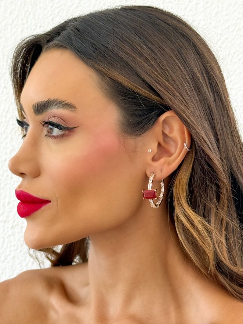 Brinco Folheado a Ouro 18k e Prata Argola Com Quadrado de Cristal