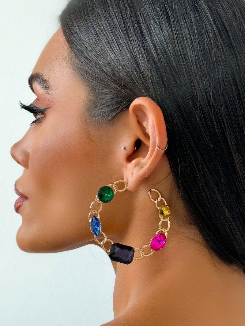 Brinco Folheado a Ouro 18k e Prata Argola Design Corrente com Chaton