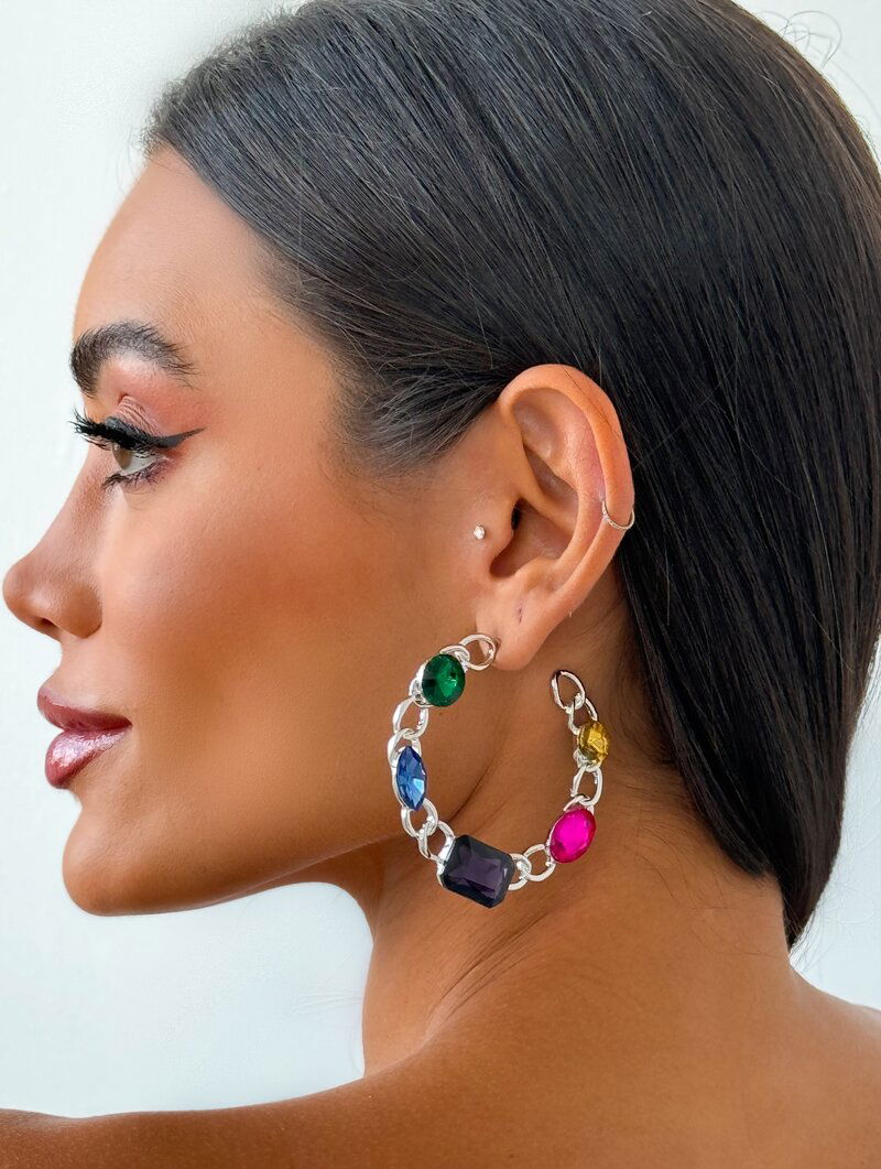 Brinco Folheado a Ouro 18k e Prata Argola Design Corrente com Chaton