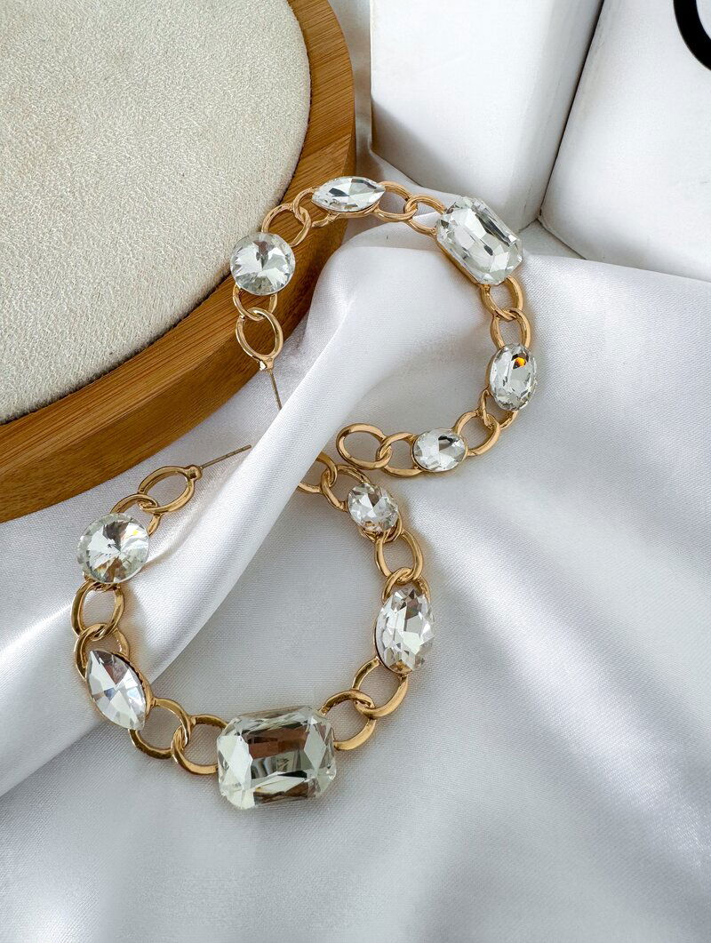 Brinco Folheado a Ouro 18k e Prata Argola Design Corrente com Chaton